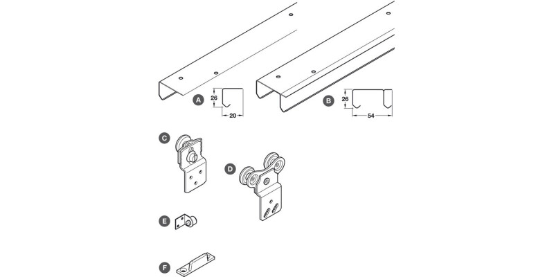 Complete Set, with Tracks, for Sliding Wardrobe Doors, H&auml;fele SF-50