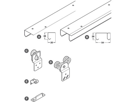 Complete Set, with Tracks, for Sliding Wardrobe Doors, H&auml;fele SF-50