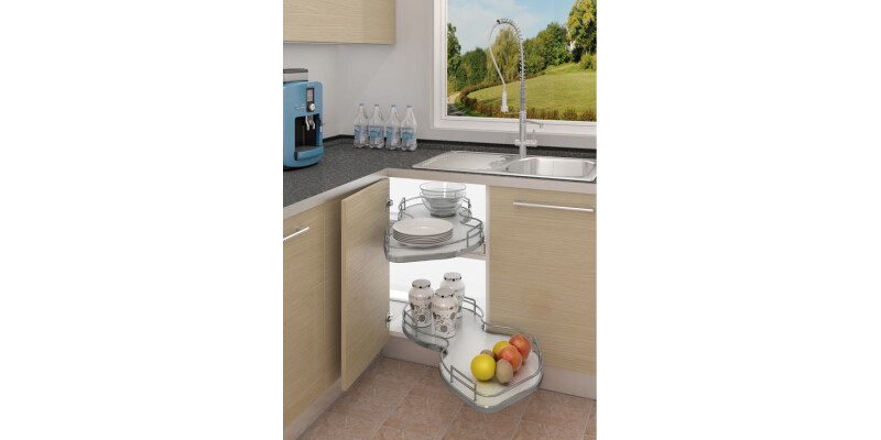 Corner Pull Out Shelving Unit, White or Grey with Polished Chrome Rail, for Cabi
