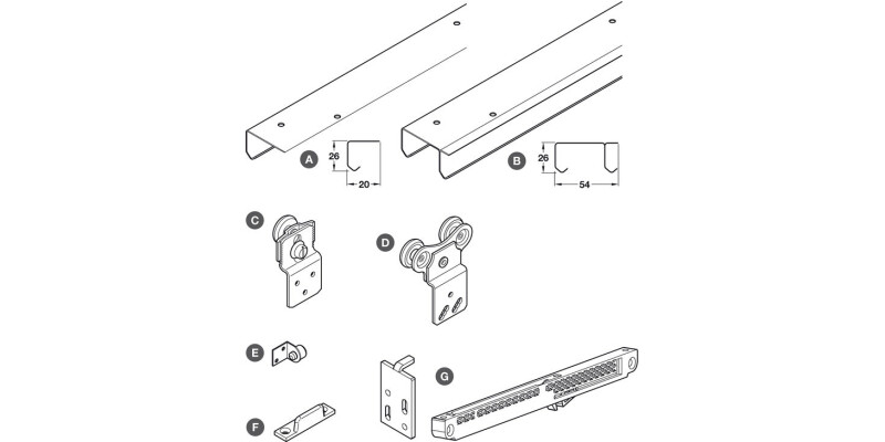 Complete Set, with Tracks and Soft Brake, for Wardrobe Doors, H&auml;fele SF-50