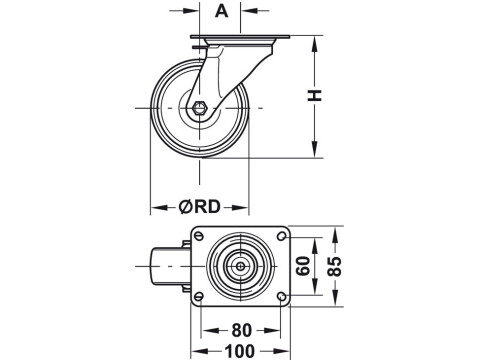 Swivel Single Wheel Castor, without Brake, Wheel &Oslash; 80-125 mm, 100 mm Plate Fixin