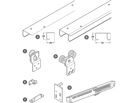 Complete Set, with Tracks and Soft Brake, for Sliding Wardrobe Doors, H&auml;fele SF-