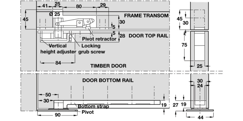 Dbl Action Pivot Set 90x44mm 150kg SSS