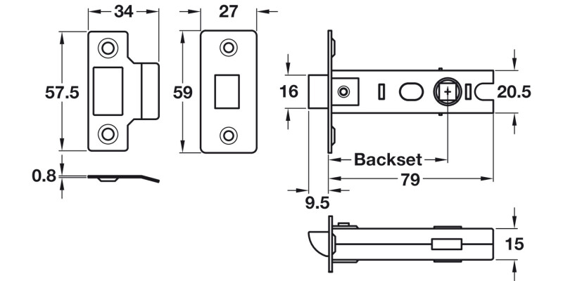 Tubular Mortice Latch 57.5/79mm Black