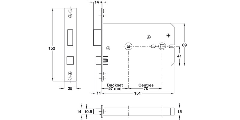 Bath Mortice Lock Horiz 57/151mm Brs SB