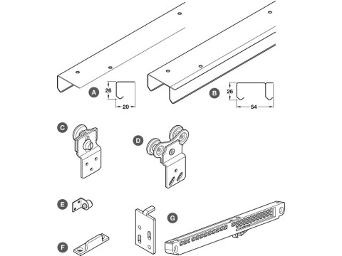 Complete Set, with Tracks and Soft Brake, for Wardrobe Doors, H&auml;fele SF-50
