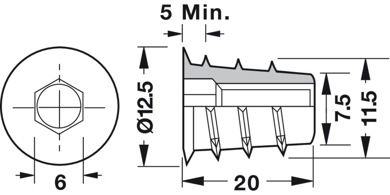 Screw-In Sleeve M6 D7.5x20mm SW6 ZA Galv