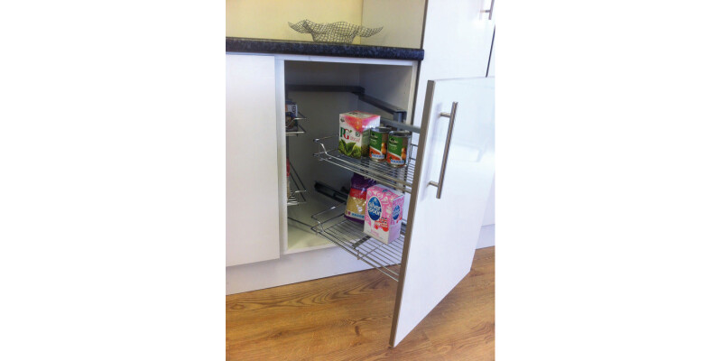 Pull and Swing Corner Storage Unit, with Four Linear Silver Wire Baskets