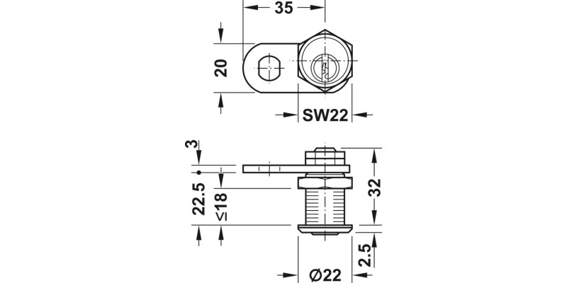 Cylinder Cam Lock 22mm PNP H1 Dir.B