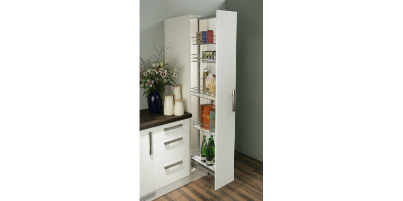 Pull Out Larder Unit, Chrome Linear Wire Baskets, Centre Mounting, Soft Closing